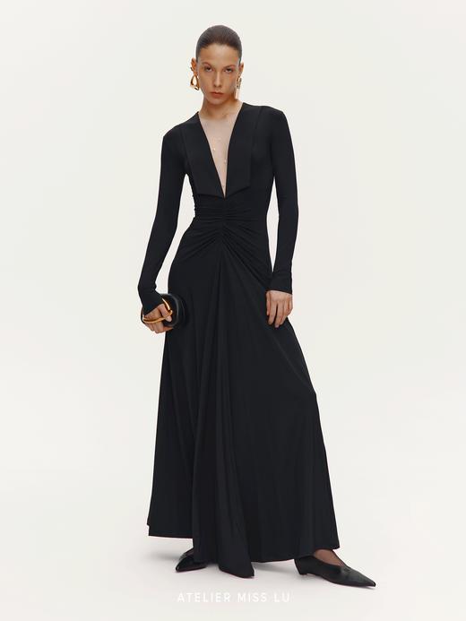 【直抵星辰】珍珠点缀纱纱深V领大摆A字长袖礼服裙 商品图2