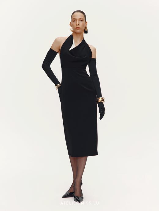 【日夜轻语】撞色垂荡领设计露背挂脖修身连衣裙 商品图0