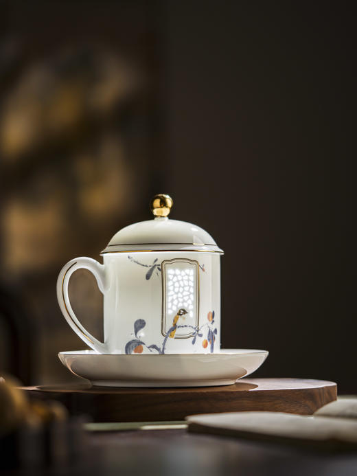 富玉 景德镇玲珑陶瓷茶杯吉祥双白大容量水杯 带盖茶杯办公杯 商品图1