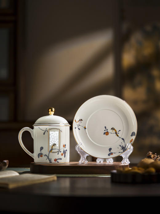 富玉 景德镇玲珑陶瓷茶杯吉祥双白大容量水杯 带盖茶杯办公杯 商品图3