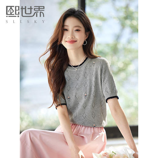 【专属特价】熙世界菱形镂空薄针织衫女短袖2025夏季新款复古刺绣半袖冰丝上衣 商品图0