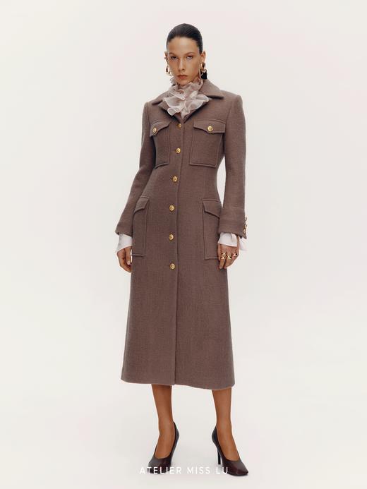 【冬日赫拉】复古口袋设计绵羊毛修身长款大衣 商品图2