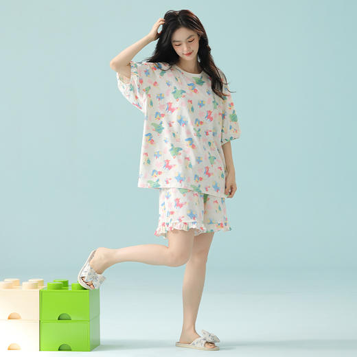 芬腾睡衣女夏季纯棉短袖女款可爱休闲大码薄款透气中袖家居服套装 商品图4