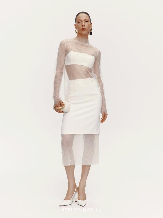 【珍珠女王】珍珠点缀纱纱拼接直身半裙 商品图0