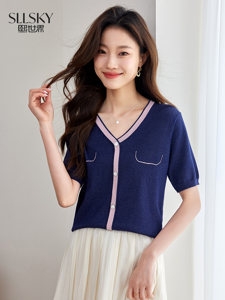 【专属特价】熙世界夏款优雅针织衫女知性优雅舒适针织短袖衫