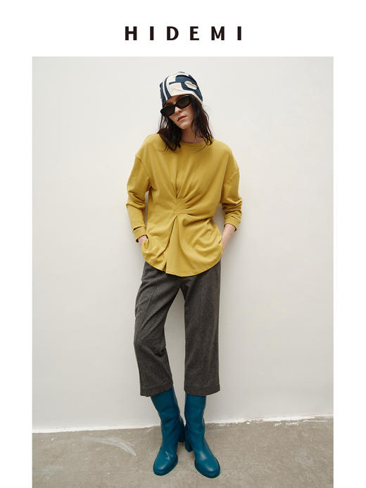 HIDEMI 极简圆领设计感不对称手工褶皱花苞垂顺亲肤棉氨弹力针织上衣 商品图5