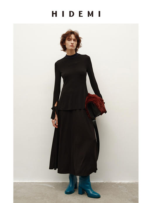 HIDEMI 进口顶级氨纶混纺纤维超顺滑弹力鱼尾袖极简立领拼接设计感纸片人上衣半裙伞裙套装 商品图4