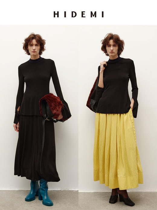HIDEMI 进口顶级氨纶混纺纤维超顺滑弹力鱼尾袖极简立领拼接设计感纸片人上衣半裙伞裙套装 商品图3