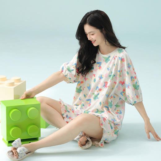 芬腾睡衣女夏季纯棉短袖女款可爱休闲大码薄款透气中袖家居服套装 商品图0