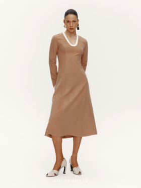 【曼哈顿午后】老钱风撞色设计绵羊毛混纺长袖连衣裙