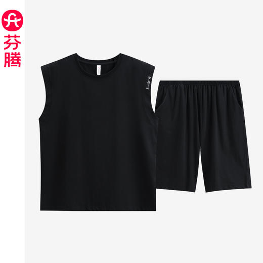 芬腾睡衣男款无袖夏季纯棉黑色可外穿加大码宽松背心短裤运动套装 商品图0