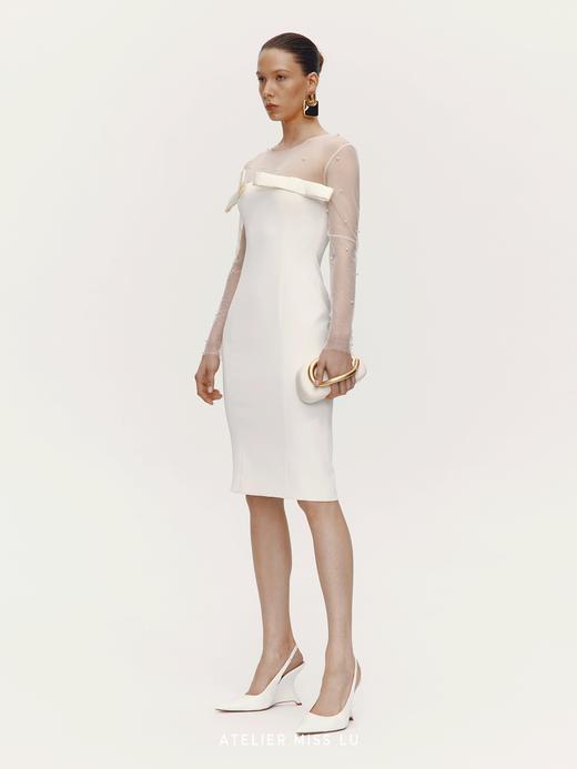 【珍珠光迹】珍珠点缀纱纱拼接蝴蝶结收腰连衣裙 商品图0