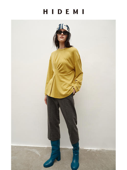 HIDEMI 极简圆领设计感不对称手工褶皱花苞垂顺亲肤棉氨弹力针织上衣 商品图4