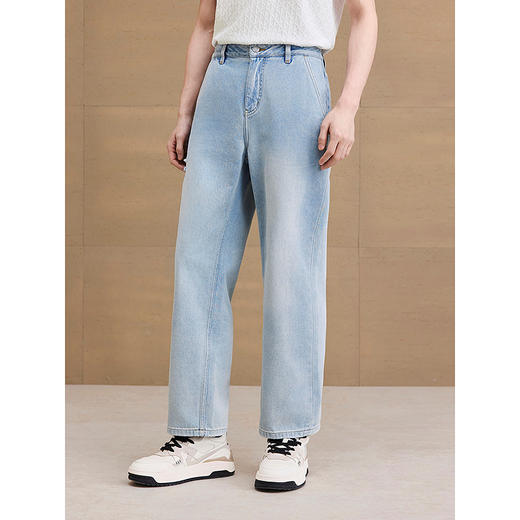 GXG男装 宽松直筒破洞水洗牛仔裤休闲裤弹力长裤子 2025夏季新品 商品图2