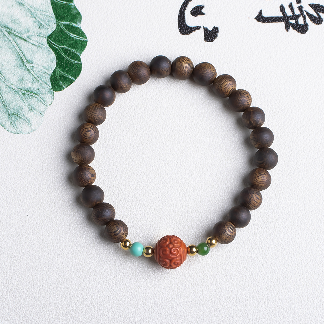 xy0479沉香+绿松南红回纹珠手串