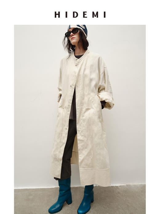 HIDEMI 进口百分百雨露亚麻超大版型大廓形可拆卸帽抽绳设计感长款慵懒时髦风衣 商品图4