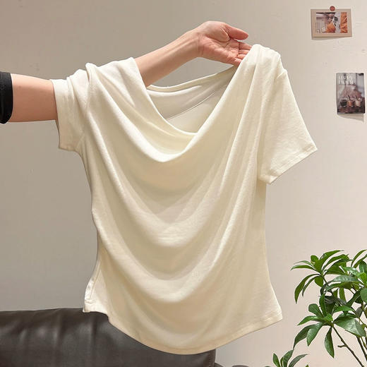 韩系不规则荡领露肩短袖T恤1689 显瘦气质上衣 夏季百搭 商品图8