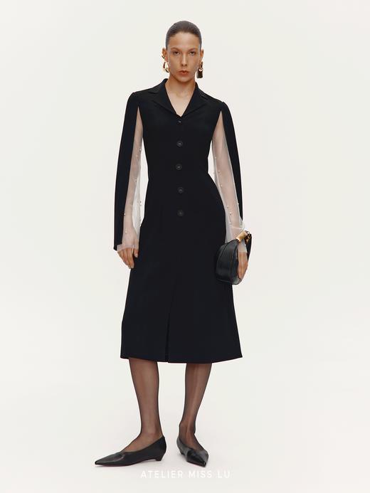 【帕特农暮纱】珍珠点缀纱袖开衩飘袖西装连衣裙 商品图0