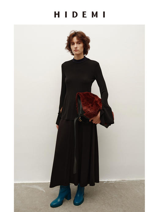 HIDEMI 进口顶级氨纶混纺纤维超顺滑弹力鱼尾袖极简立领拼接设计感纸片人上衣半裙伞裙套装 商品图5