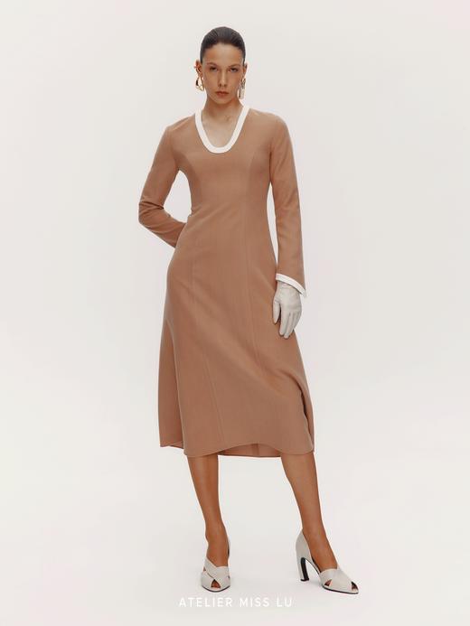 【曼哈顿午后】老钱风撞色设计绵羊毛混纺长袖连衣裙 商品图1