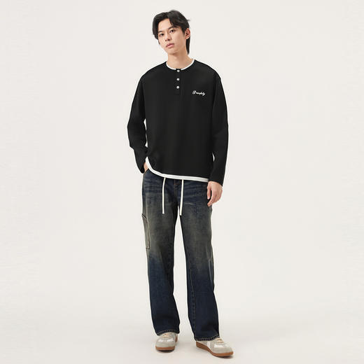 gxg.jeans男装  假两件字母刺绣简约宽松半开襟卫衣男士 25秋热卖 商品图4