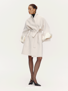 【日光神女】立体花苞袖拼接绵羊毛双面呢大衣