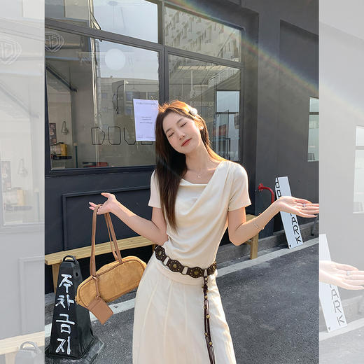 韩系不规则荡领露肩短袖T恤1689 显瘦气质上衣 夏季百搭 商品图4