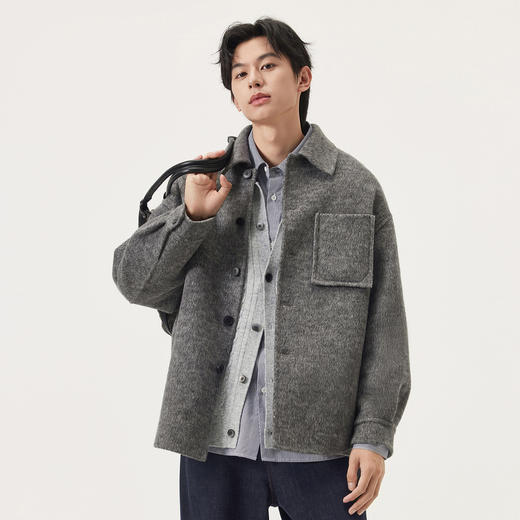 gxg.jeans男装 绵羊毛66%花灰口袋设计宽松短大衣外套 25年冬新品 商品图1