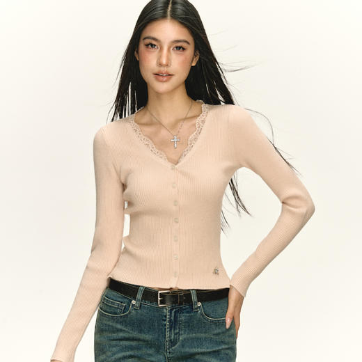 Ariseism 美式复古设计感拼接蕾丝花边薄款针织开衫 商品图2