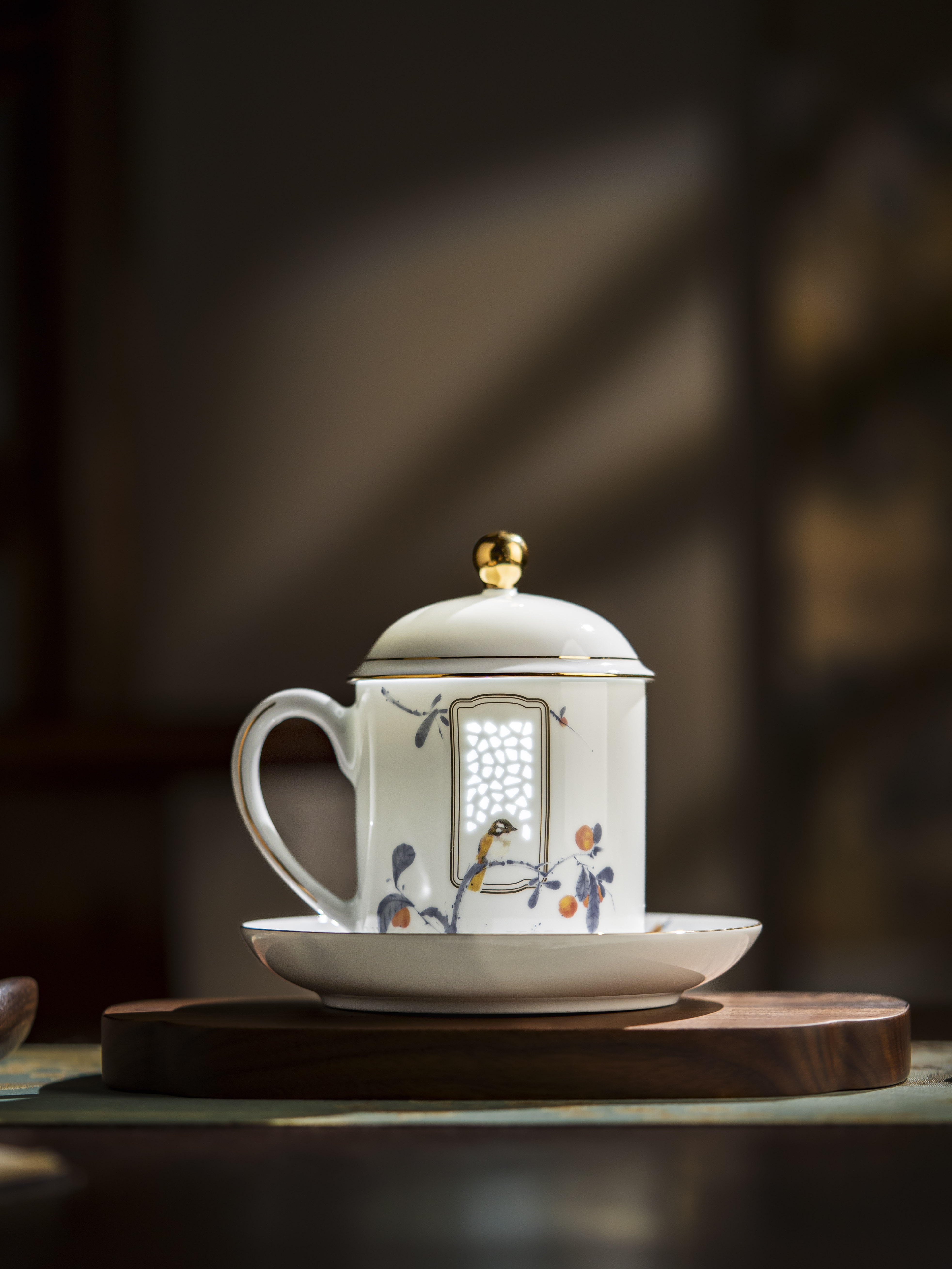 富玉 景德镇玲珑陶瓷茶杯吉祥双白大容量水杯 带盖茶杯办公杯