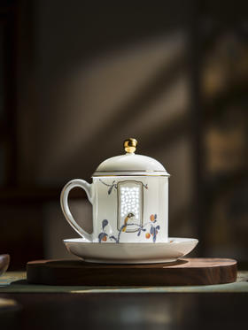 富玉 景德镇玲珑陶瓷茶杯吉祥双白大容量水杯 带盖茶杯办公杯