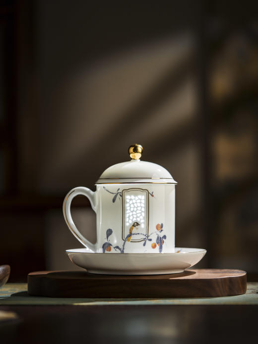 富玉 景德镇玲珑陶瓷茶杯吉祥双白大容量水杯 带盖茶杯办公杯 商品图0