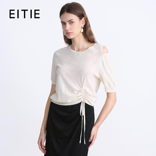 EITIE爱特爱夏季新款设计感镂空修身显瘦舒适百搭纯色短袖抽绳针织衫7801505 商品图1