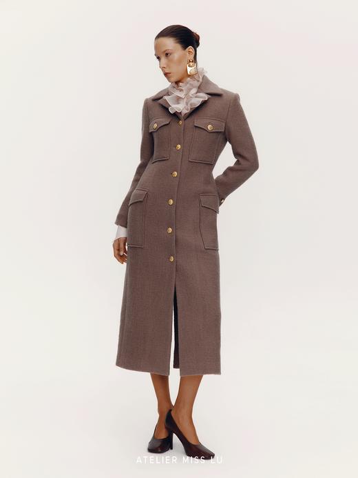 【冬日赫拉】复古口袋设计绵羊毛修身长款大衣 商品图3