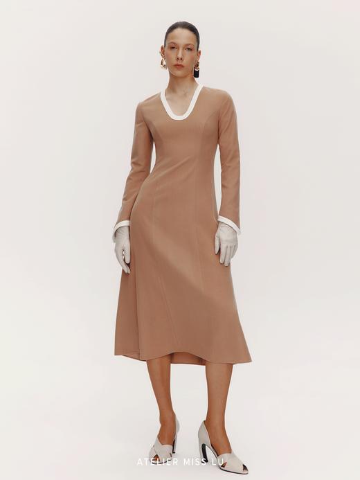 【曼哈顿午后】老钱风撞色设计绵羊毛混纺长袖连衣裙 商品图2