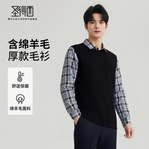 【含绵羊毛】圣得西男士保暖锁温假两件经典翻领针织毛衫2025秋季新款毛衣 商品图0