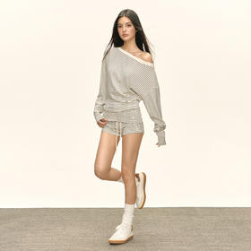 Ariseism 美式复古斜肩长袖上衣+短裤两件套早秋新款套装女