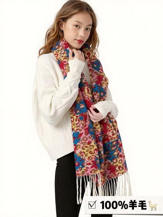 ｛特卖｝100%羊毛围巾花型三彩绘豹纹 ～喜出 商品图1