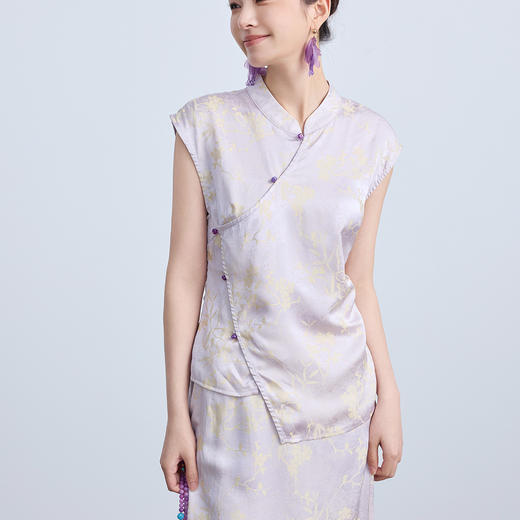 「自」全新升级【铂金会员293/天猫389/差价96】(03959)洛诗琳新中式国风提花衬衫2025夏季斜襟气质收腰短袖上衣 商品图2