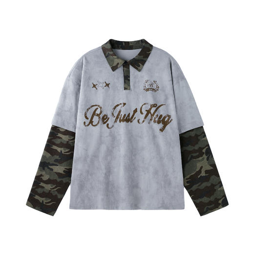 BJHG不计后果 假两件长袖T恤男款秋季新款复古迷彩撞色情侣polo衫 商品图4
