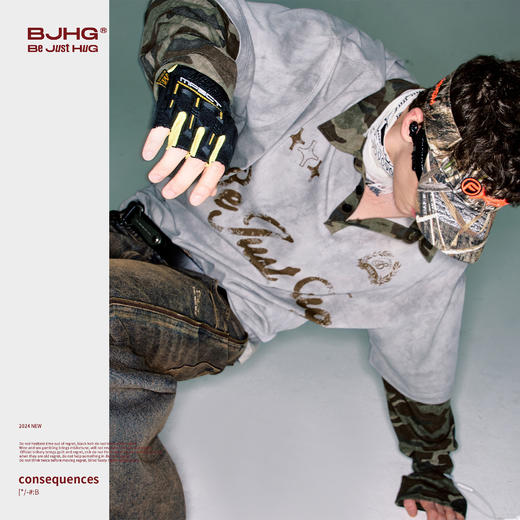 BJHG不计后果 假两件长袖T恤男款秋季新款复古迷彩撞色情侣polo衫 商品图2