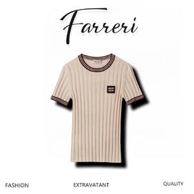 缪家杏色红边圆领针织短袖