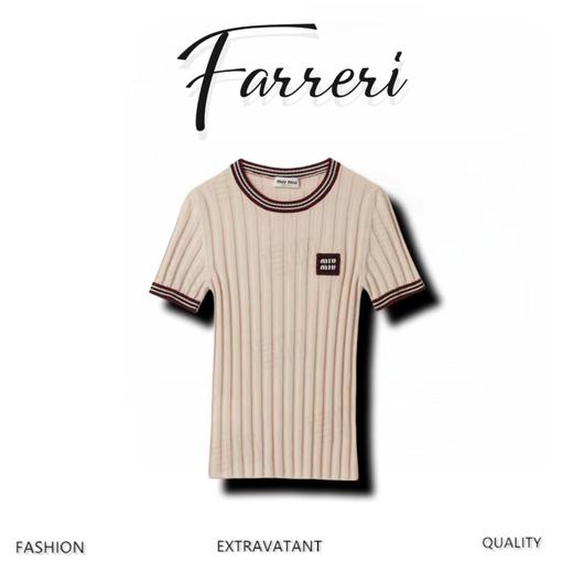 缪家杏色红边圆领针织短袖 商品图0