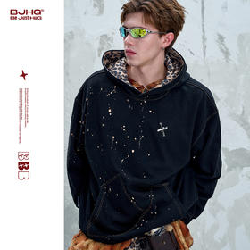 BJHG不计后果美式豹纹连帽卫衣男款2025新款潮明线撞色泼墨外套女