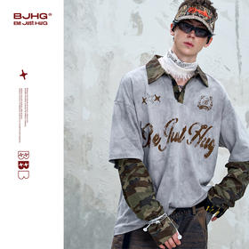 BJHG不计后果 假两件长袖T恤男款秋季新款复古迷彩撞色情侣polo衫