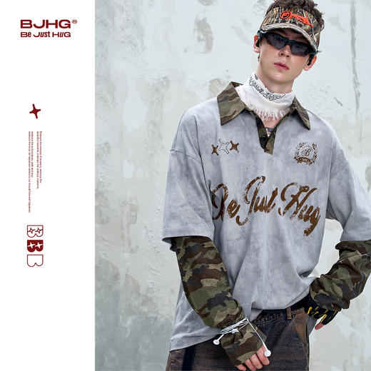 BJHG不计后果 假两件长袖T恤男款秋季新款复古迷彩撞色情侣polo衫 商品图0