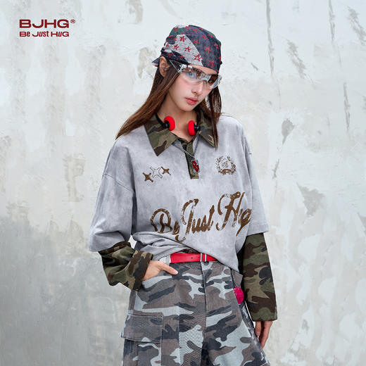 BJHG不计后果 假两件长袖T恤男款秋季新款复古迷彩撞色情侣polo衫 商品图3