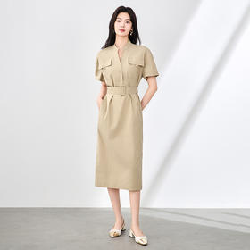 「高货wl」全新升级【铂金会员358/天猫479/差价121】(00222)洛诗琳通勤复古工装连衣裙2025夏季高腰显瘦短袖衬衫裙