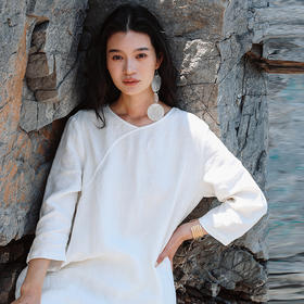 绽放女装448朵/【黑白灰系列】纯汉麻砂洗斜襟高开衩显瘦连衣裙女