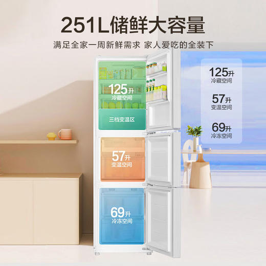 海尔（Haier）冰箱三开门251升一级能效变频风冷无霜干湿分储家用电冰箱 爆款新品丨中门全温区变温丨节能双变频 商品图3